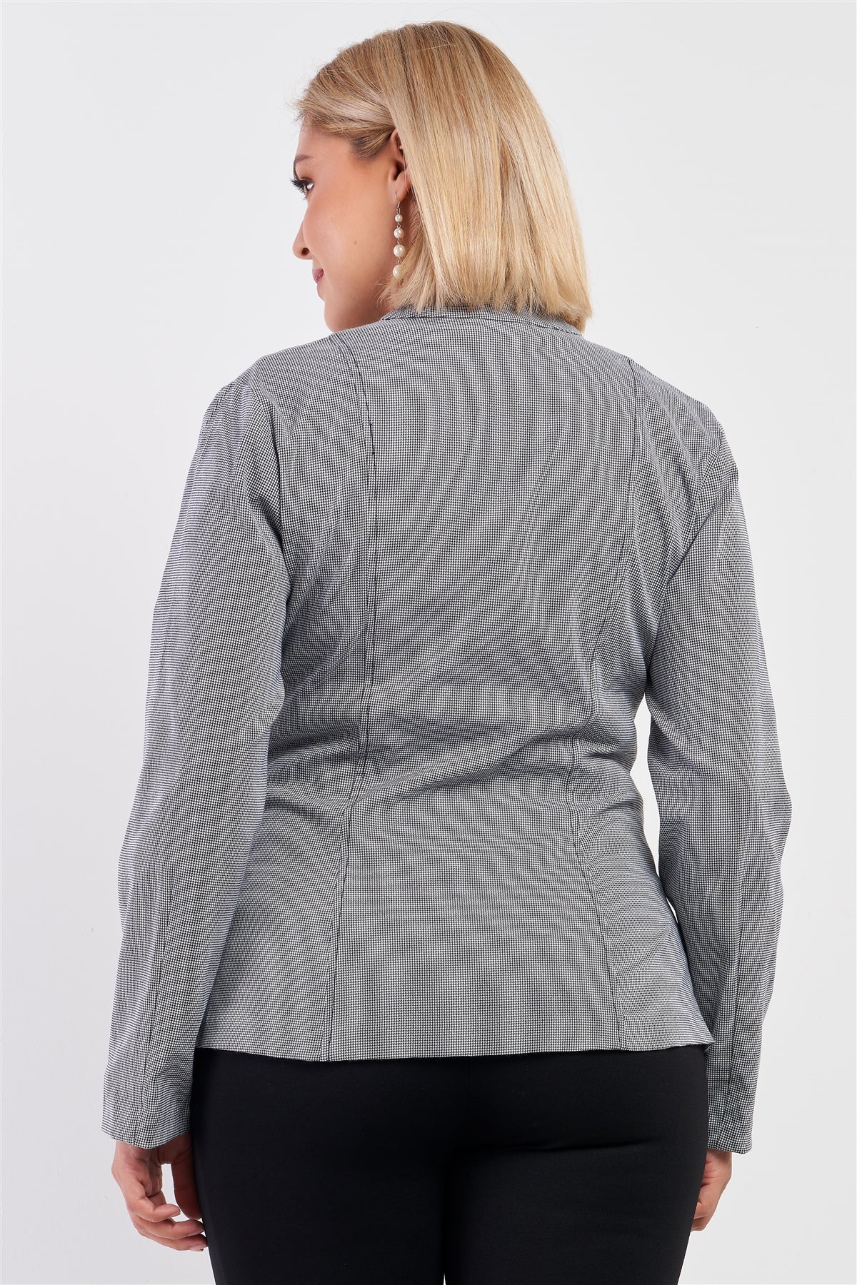 Checkered Houndstooth Pattern Front Zipper Closure Jacket