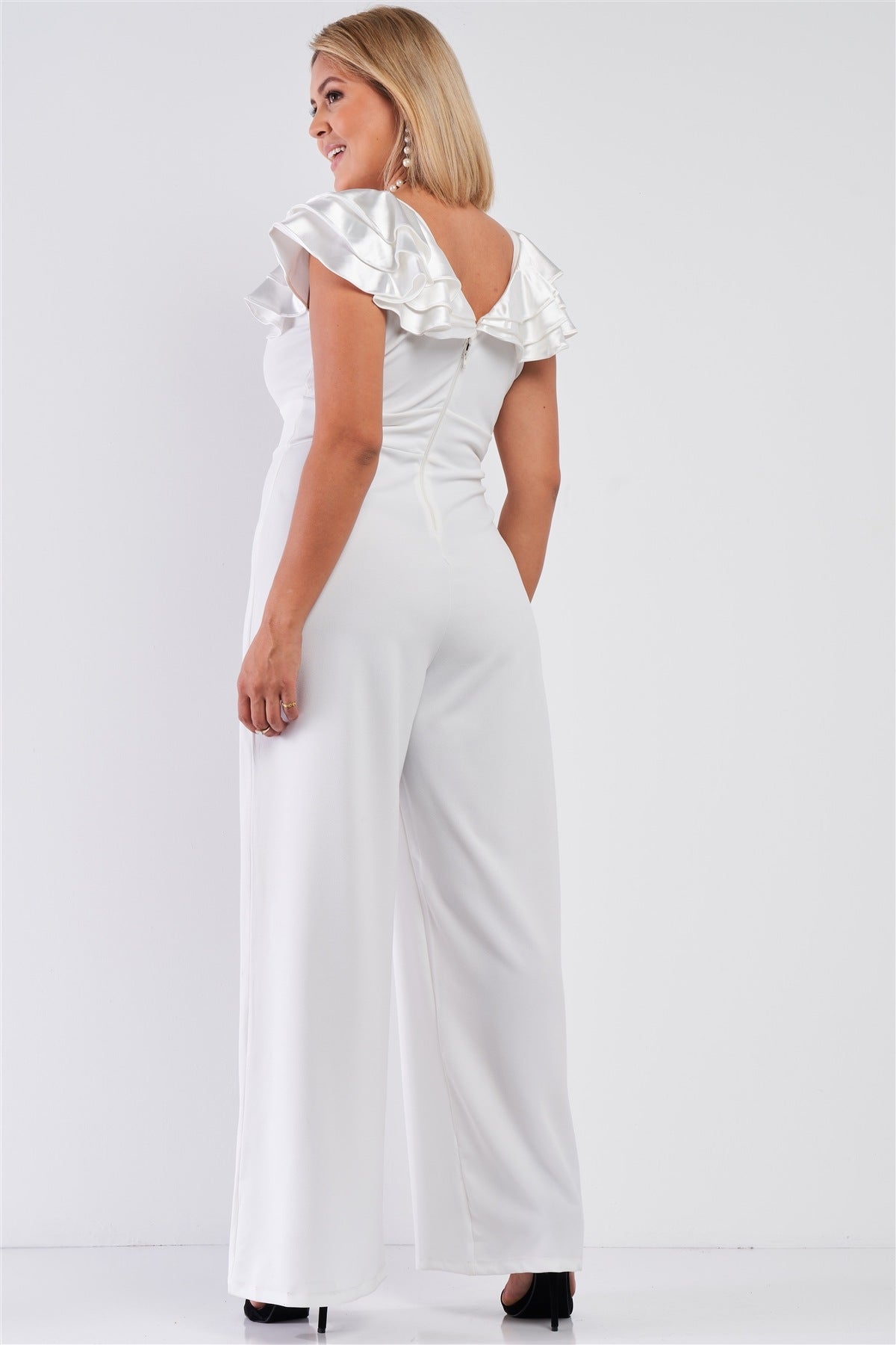Sleeveless Satin Ruffle Shoulder Detail Jumpsuit