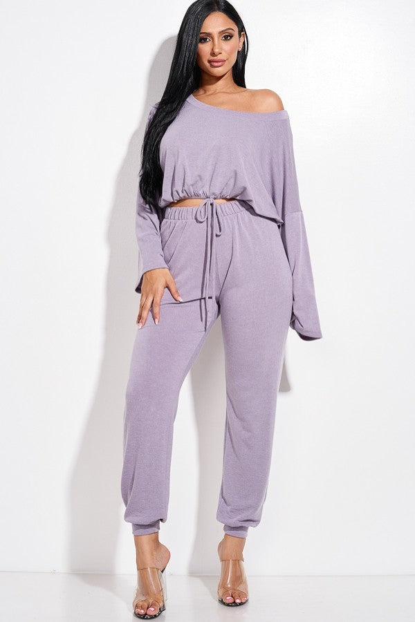 Solid French Terry Long Sleeve, Tie Front Slouchy Top And Jogger Pants Two Piece Set