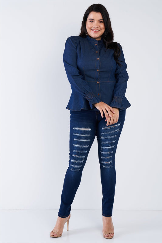 Denim Vintage Front Button Peplum Top