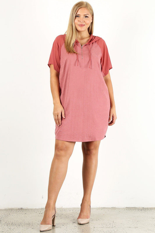 Solid Hoodie Dress with Zip-Up Closure & Raglan Sleeves