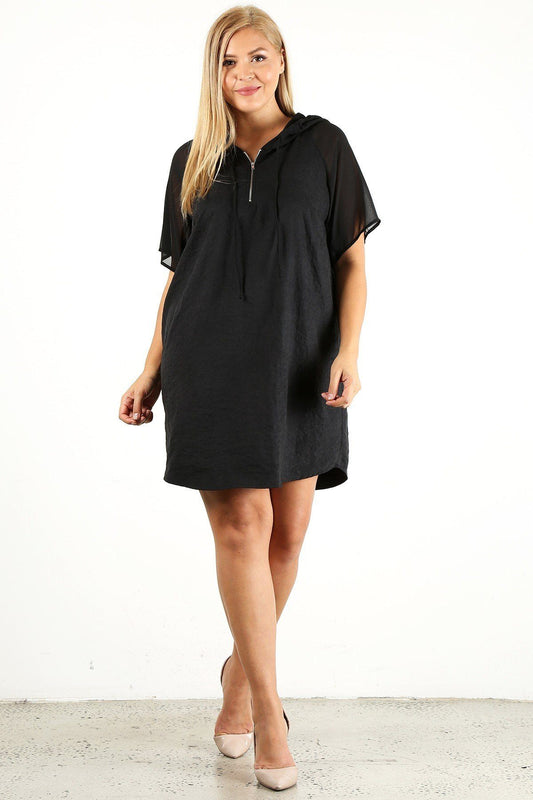 Solid Hoodie Dress with Zip-Up Closure & Raglan Sleeves
