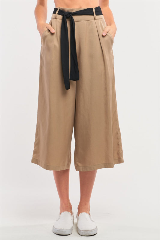 High Waist Flare Capri Pants with Self-Tie Belt
