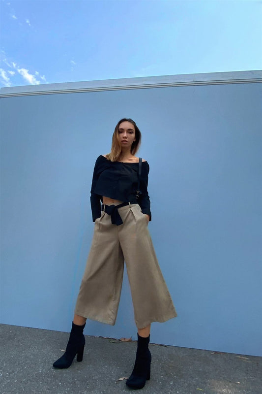 High Waist Flare Capri Pants with Self-Tie Belt