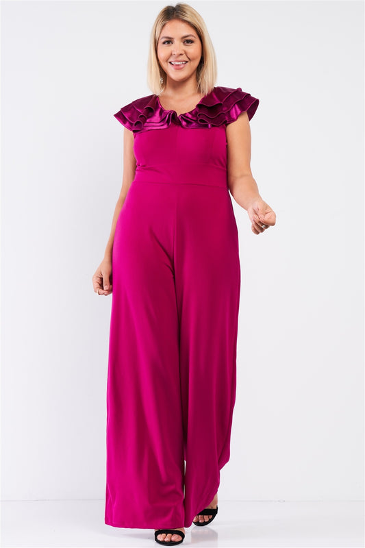Sleeveless Satin Ruffle Shoulder Detail Jumpsuit
