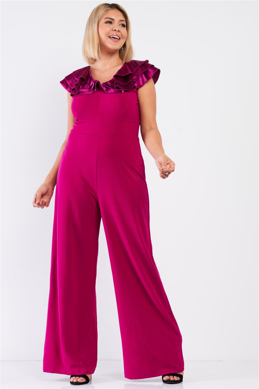 Sleeveless Satin Ruffle Shoulder Detail Jumpsuit