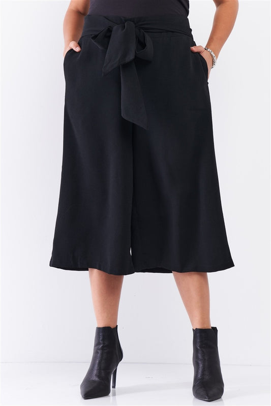 Black Self-tie High Waist Detail Wide Leg Midi Length Pants