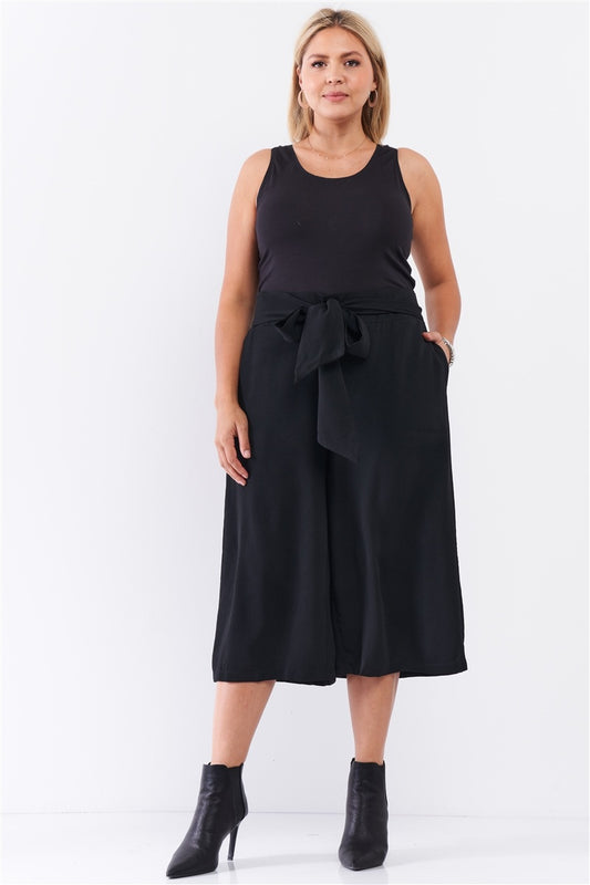 Black Self-tie High Waist Detail Wide Leg Midi Length Pants