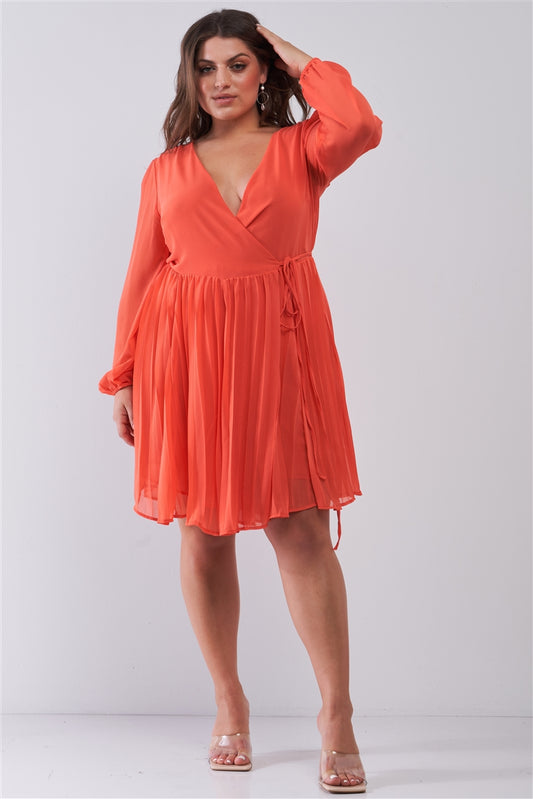 Deep V-Neck Pleated Mini Dress