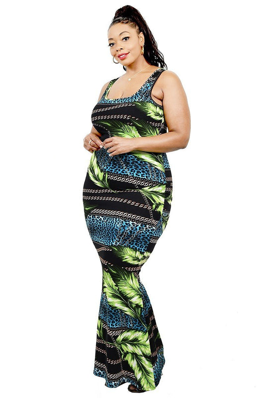 Leaf & Chain Print Bodycon Maxi Dress