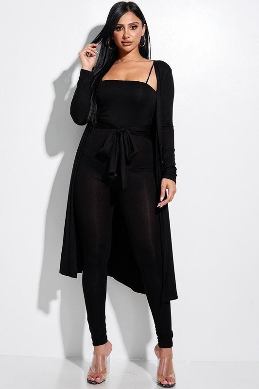 Heavy Rayon Spandex Spaghetti Strap Jumpsuit With Waist Tie And Duster 2 Piece Set