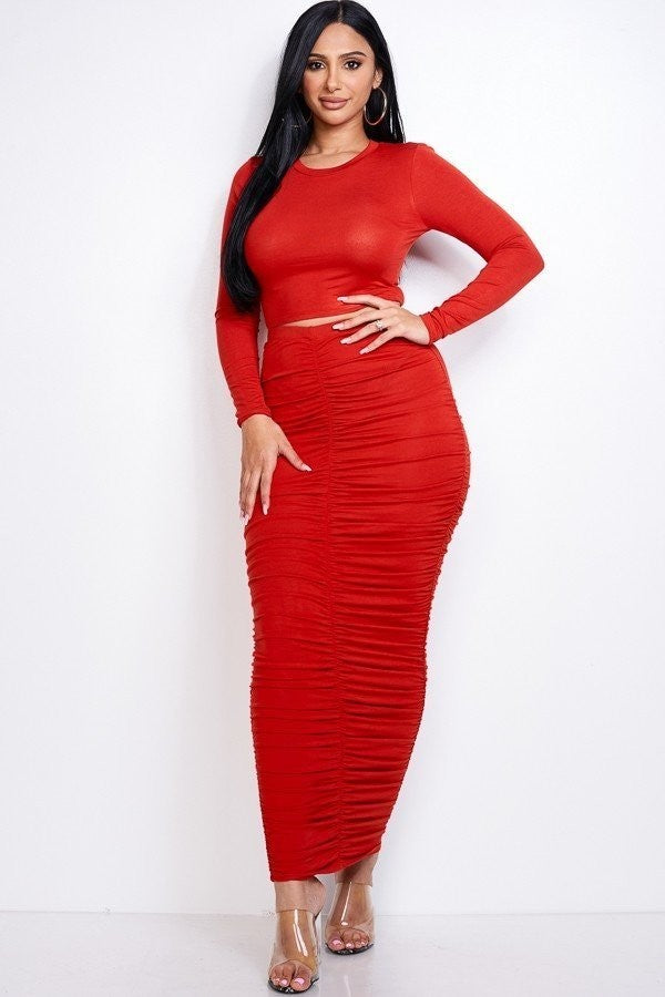 Solid Long Sleeve Cropped Top And Ruched Maxi Skirt Two Piece Set