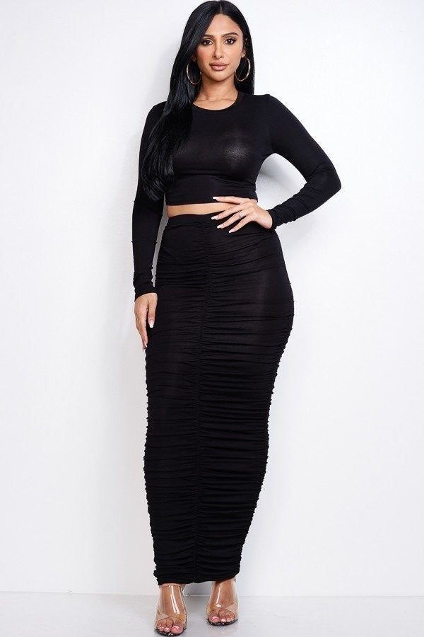 Solid Long Sleeve Cropped Top And Ruched Maxi Skirt Two Piece Set