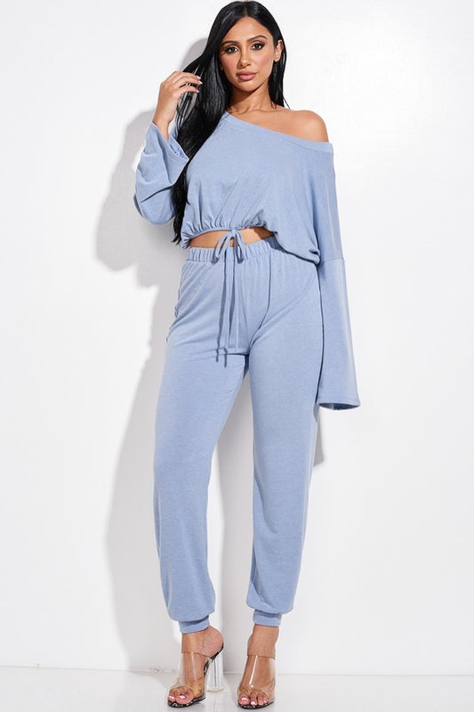 Solid French Terry Long Sleeve, Tie Front Slouchy Top And Jogger Pants Two Piece Set
